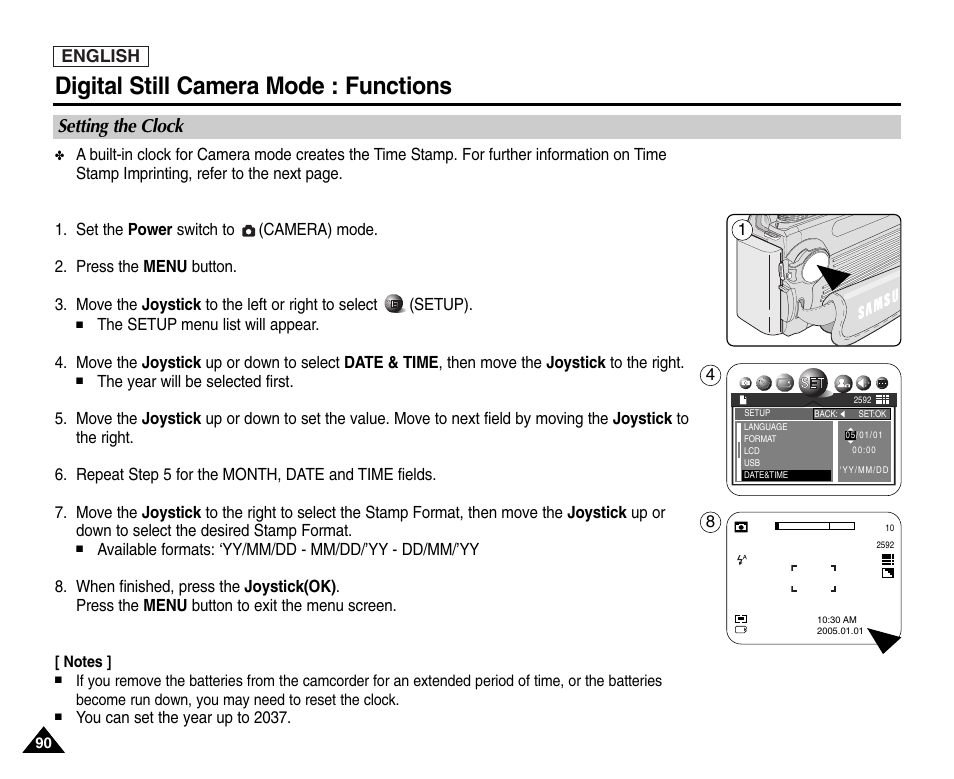 Setting the clock, Digital still camera mode : functions | Samsung SC-D6550-XAC User Manual | Page 94 / 160