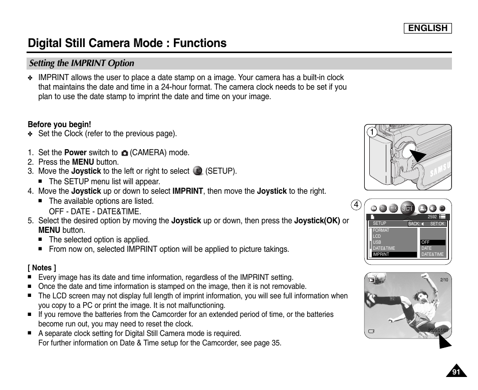 Setting the imprint option, Digital still camera mode : functions, English | Samsung SC-D6550-XAC User Manual | Page 95 / 160