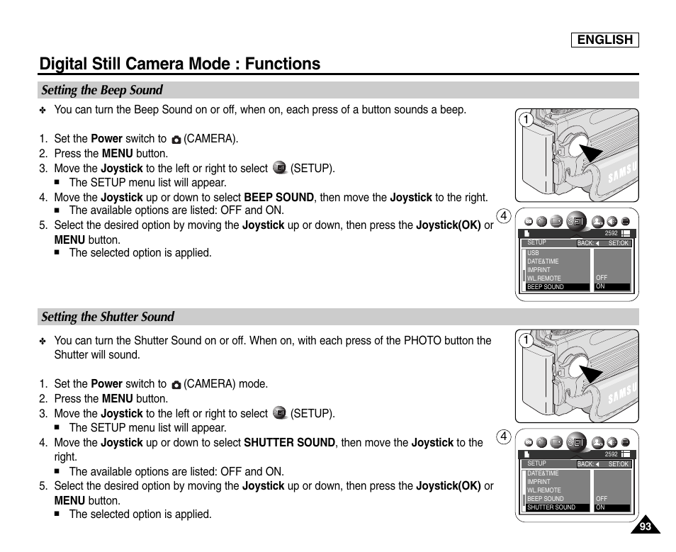 Setting the beep sound, Setting the shutter sound, Digital still camera mode : functions | Samsung SC-D6550-XAC User Manual | Page 97 / 160