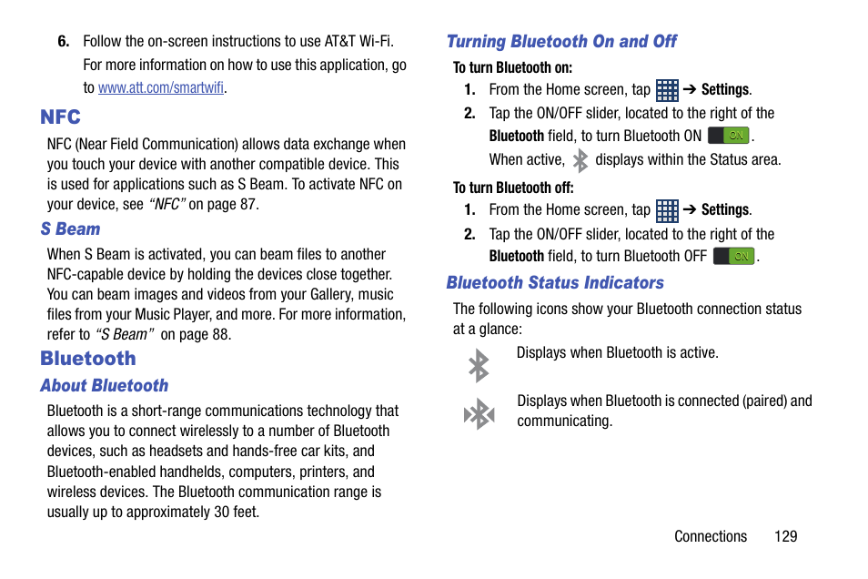 Bluetooth, Nfc bluetooth | Samsung SGH-I747MBAATT User Manual | Page 137 / 203