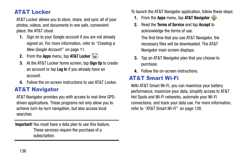 At&t locker, At&t navigator, At&t smart wi-fi | At&t locker at&t navigator at&t smart wi-fi | Samsung SGH-I747MBAATT User Manual | Page 144 / 203