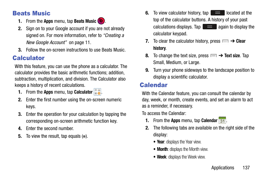 Beats music, Calculator, Calendar | Beats music calculator calendar | Samsung SGH-I747MBAATT User Manual | Page 145 / 203