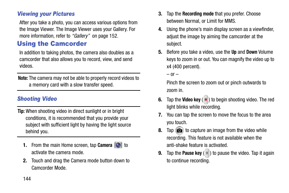 Using the camcorder | Samsung SGH-I747MBAATT User Manual | Page 152 / 203