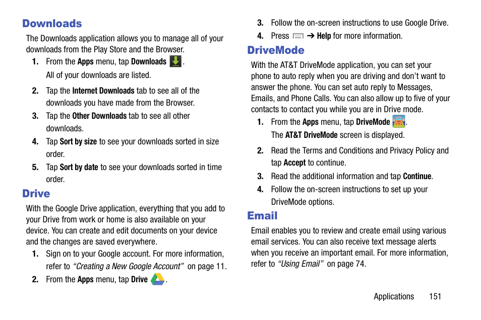 Downloads, Drive, Drivemode | Email, Downloads drive drivemode email | Samsung SGH-I747MBAATT User Manual | Page 159 / 203