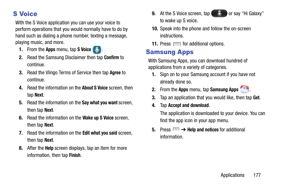 S voice, Samsung apps, S voice samsung apps | Samsung SGH-I747MBAATT User Manual | Page 185 / 203