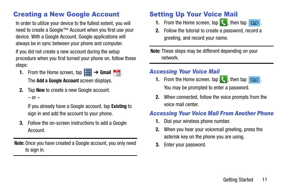 Creating a new google account, Setting up your voice mail | Samsung SGH-I747MBAATT User Manual | Page 19 / 203