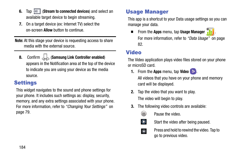 Settings, Usage manager, Video | Settings usage manager | Samsung SGH-I747MBAATT User Manual | Page 192 / 203