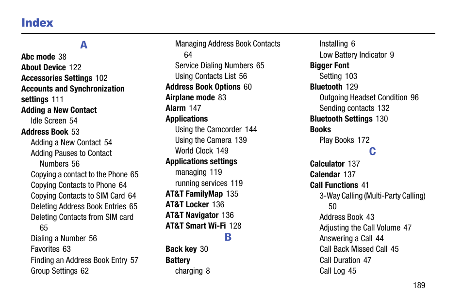 Index | Samsung SGH-I747MBAATT User Manual | Page 197 / 203