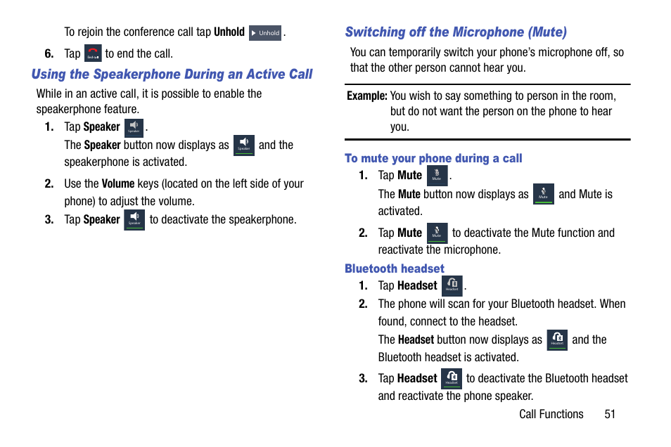 Using the speakerphone during an active call, Switching off the microphone (mute) | Samsung SGH-I747MBAATT User Manual | Page 59 / 203