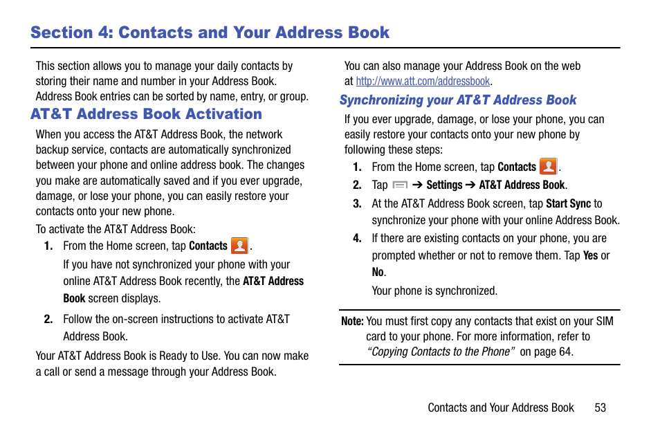 Section 4: contacts and your address book, At&t address book activation | Samsung SGH-I747MBAATT User Manual | Page 61 / 203