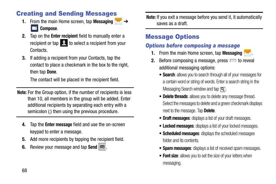 Creating and sending messages, Message options, Creating and sending messages message options | S. for more | Samsung SGH-I747MBAATT User Manual | Page 76 / 203