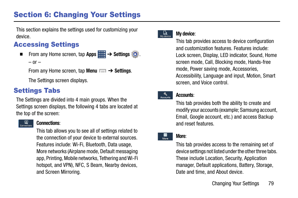 Section 6: changing your settings, Accessing settings, Settings tabs | Accessing settings settings tabs | Samsung SGH-I747MBAATT User Manual | Page 87 / 203