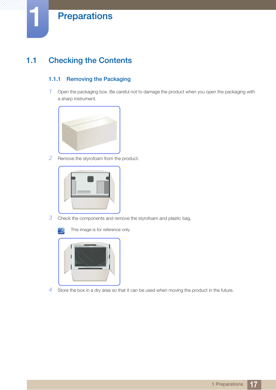 Preparations, 1 checking the contents, 1 removing the packaging | Checking the contents, Removing the packaging | Samsung LS22B420BWV-ZA User Manual | Page 17 / 100