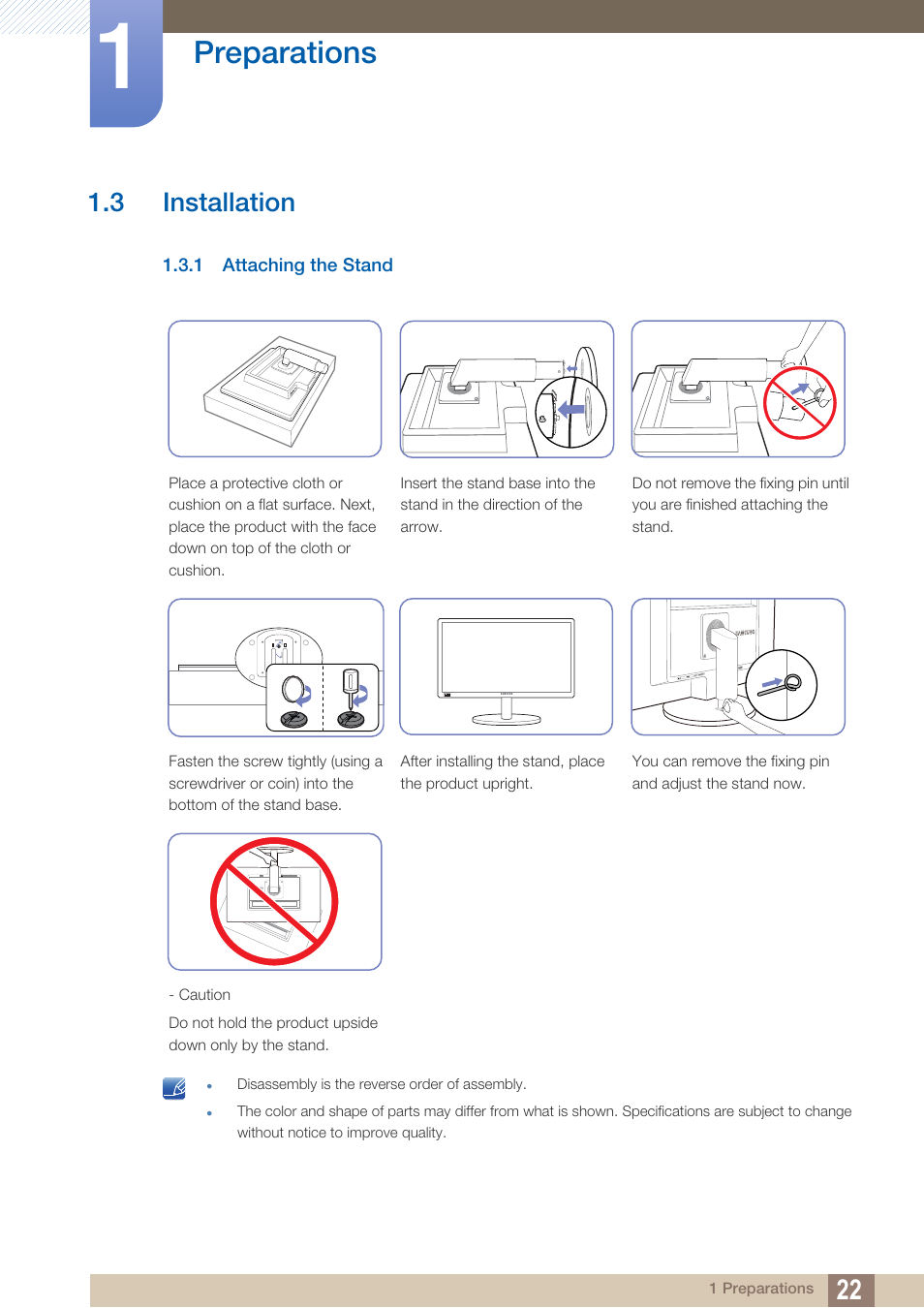 3 installation, 1 attaching the stand, Installation | Attaching the stand, Preparations | Samsung LS22B420BWV-ZA User Manual | Page 22 / 100