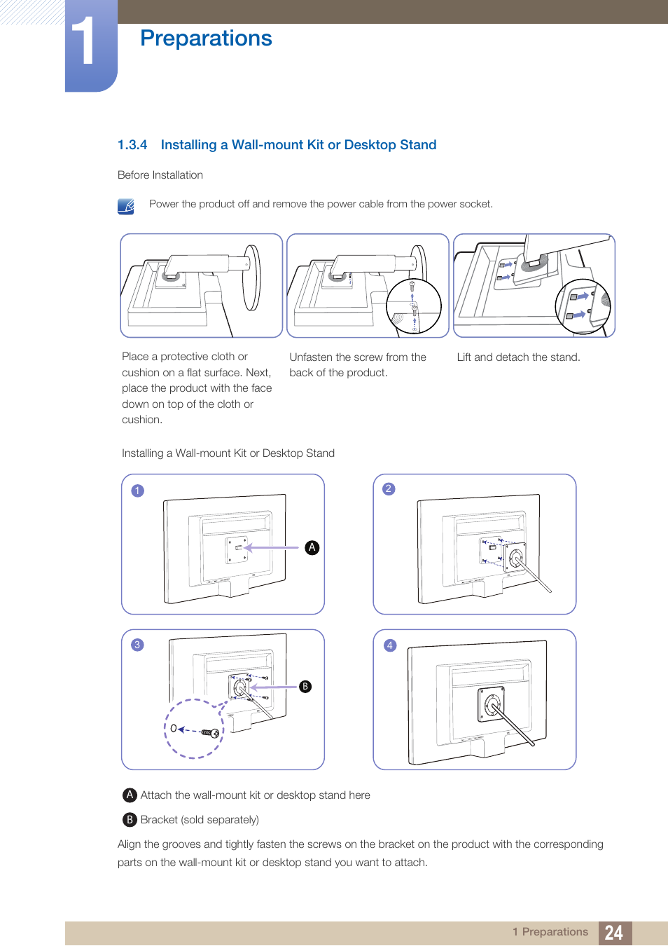 4 installing a wall-mount kit or desktop stand, Installing a wall-mount kit or desktop stand, Preparations | Samsung LS22B420BWV-ZA User Manual | Page 24 / 100