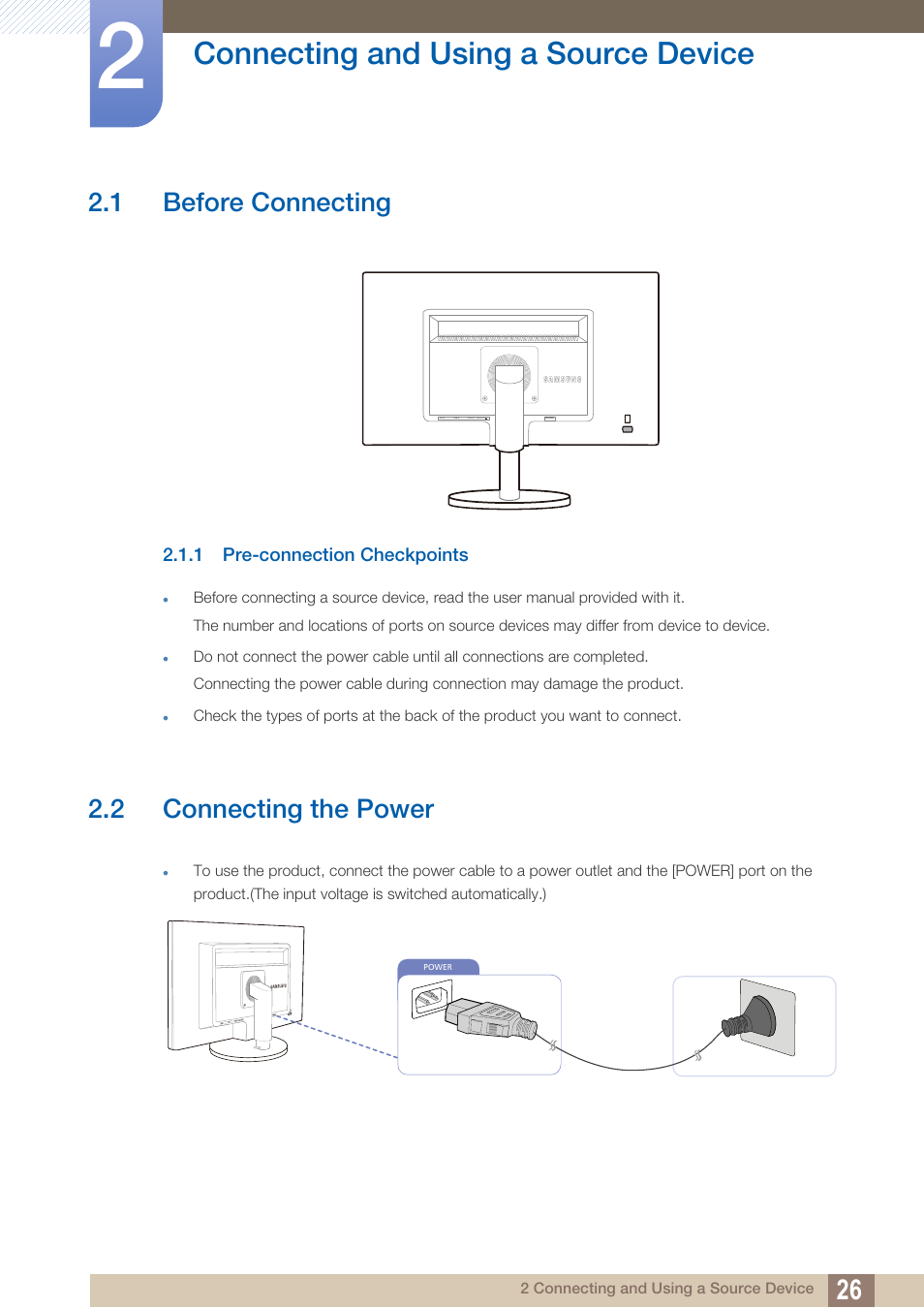 Connecting and using a source device, 1 before connecting, 1 pre-connection checkpoints | 2 connecting the power, Connecting and using, A source device, Before connecting, Pre-connection checkpoints, Connecting the power | Samsung LS22B420BWV-ZA User Manual | Page 26 / 100