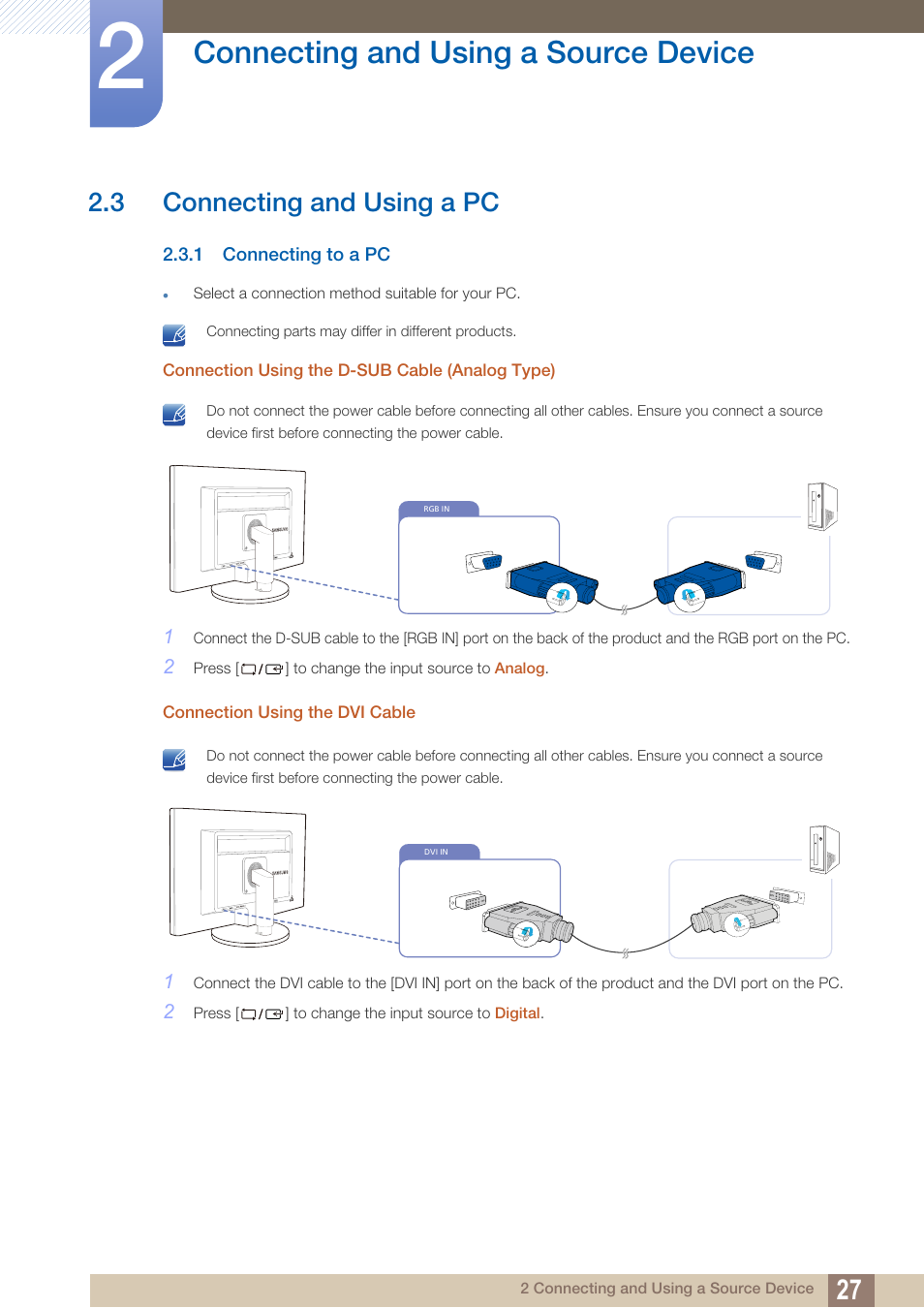 3 connecting and using a pc, 1 connecting to a pc, Connecting and using a pc | Connecting to a pc, Connecting and using a source device | Samsung LS22B420BWV-ZA User Manual | Page 27 / 100
