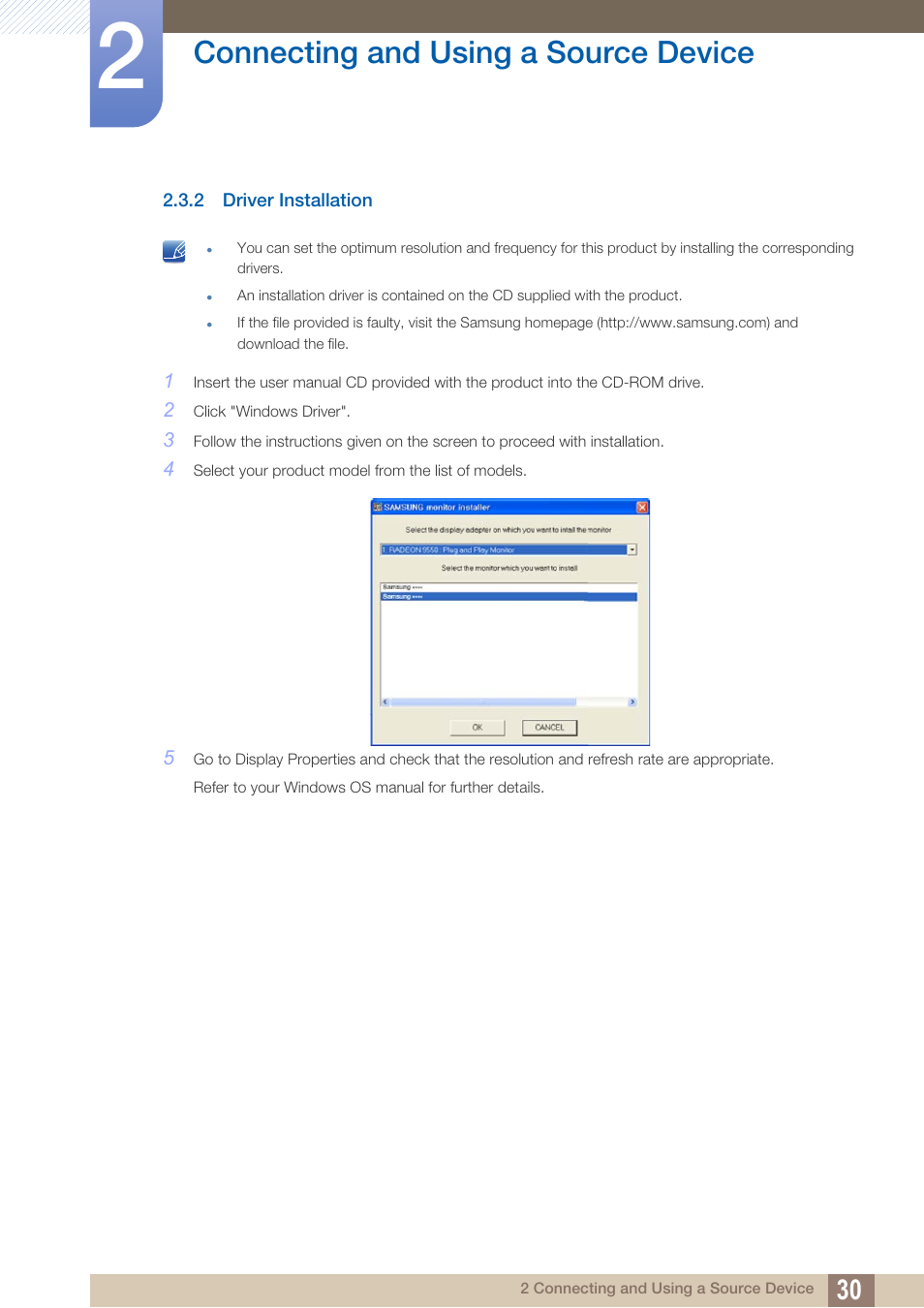 2 driver installation, Driver installation, Connecting and using a source device | Samsung LS22B420BWV-ZA User Manual | Page 30 / 100