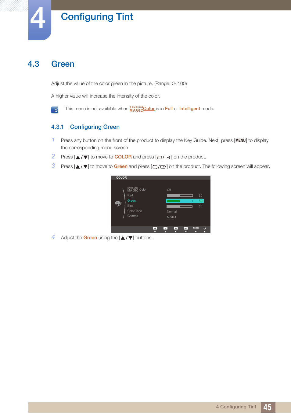 3 green, 1 configuring green, Green | Configuring green, Configuring tint | Samsung LS22B420BWV-ZA User Manual | Page 45 / 100