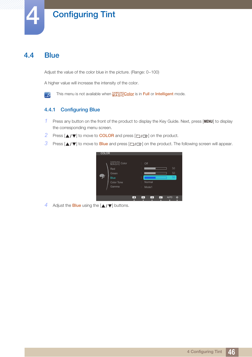 4 blue, 1 configuring blue, Blue | Configuring blue, Configuring tint | Samsung LS22B420BWV-ZA User Manual | Page 46 / 100