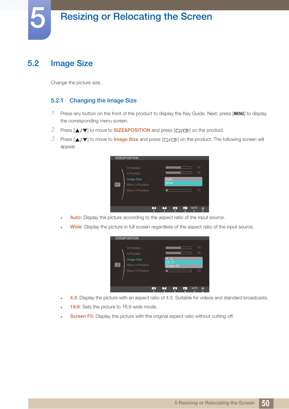 2 image size, 1 changing the image size, Image size | Changing the image size, Resizing or relocating the screen | Samsung LS22B420BWV-ZA User Manual | Page 50 / 100