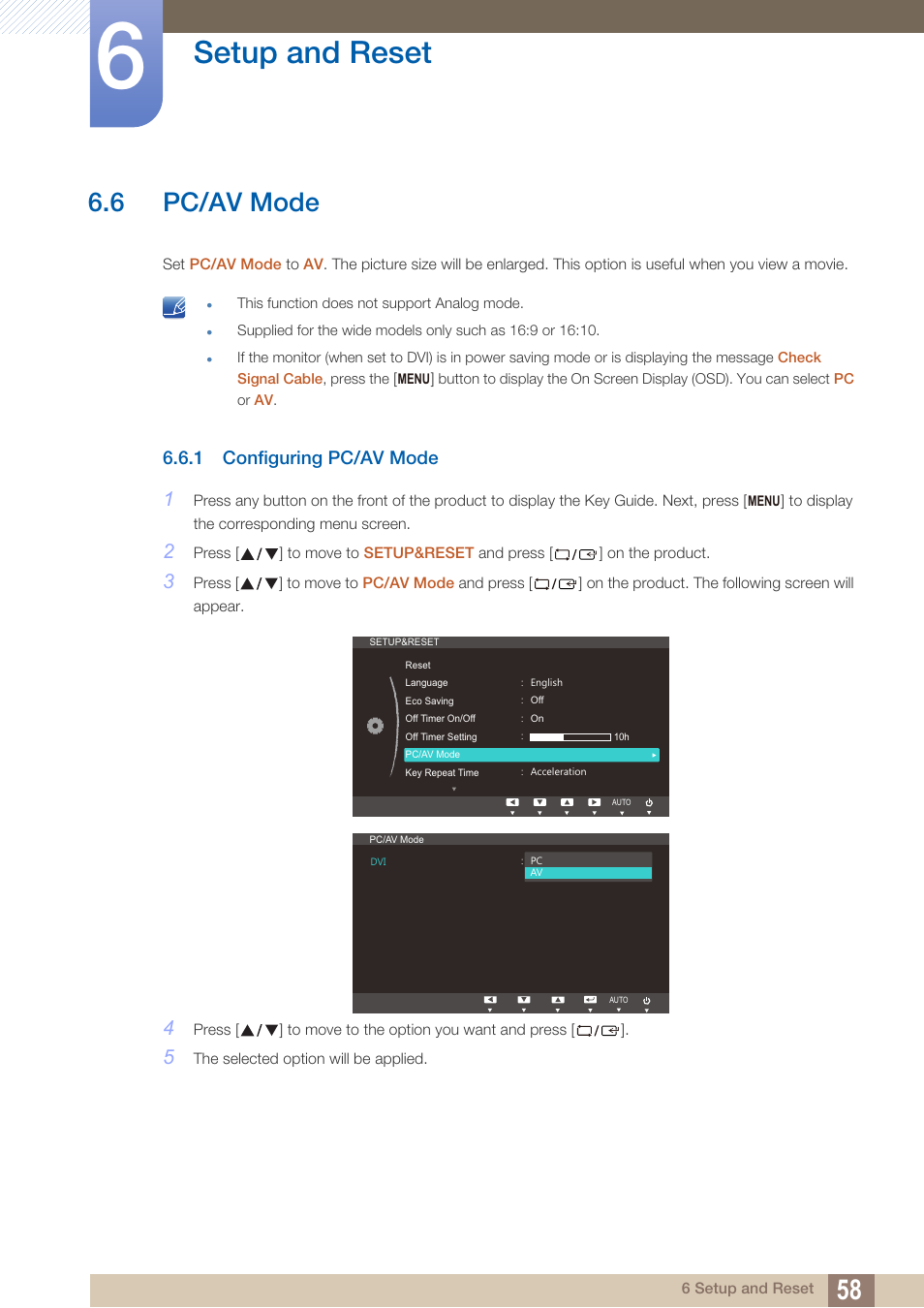 6 pc/av mode, 1 configuring pc/av mode, Pc/av mode | Configuring pc/av mode, Setup and reset | Samsung LS22B420BWV-ZA User Manual | Page 58 / 100