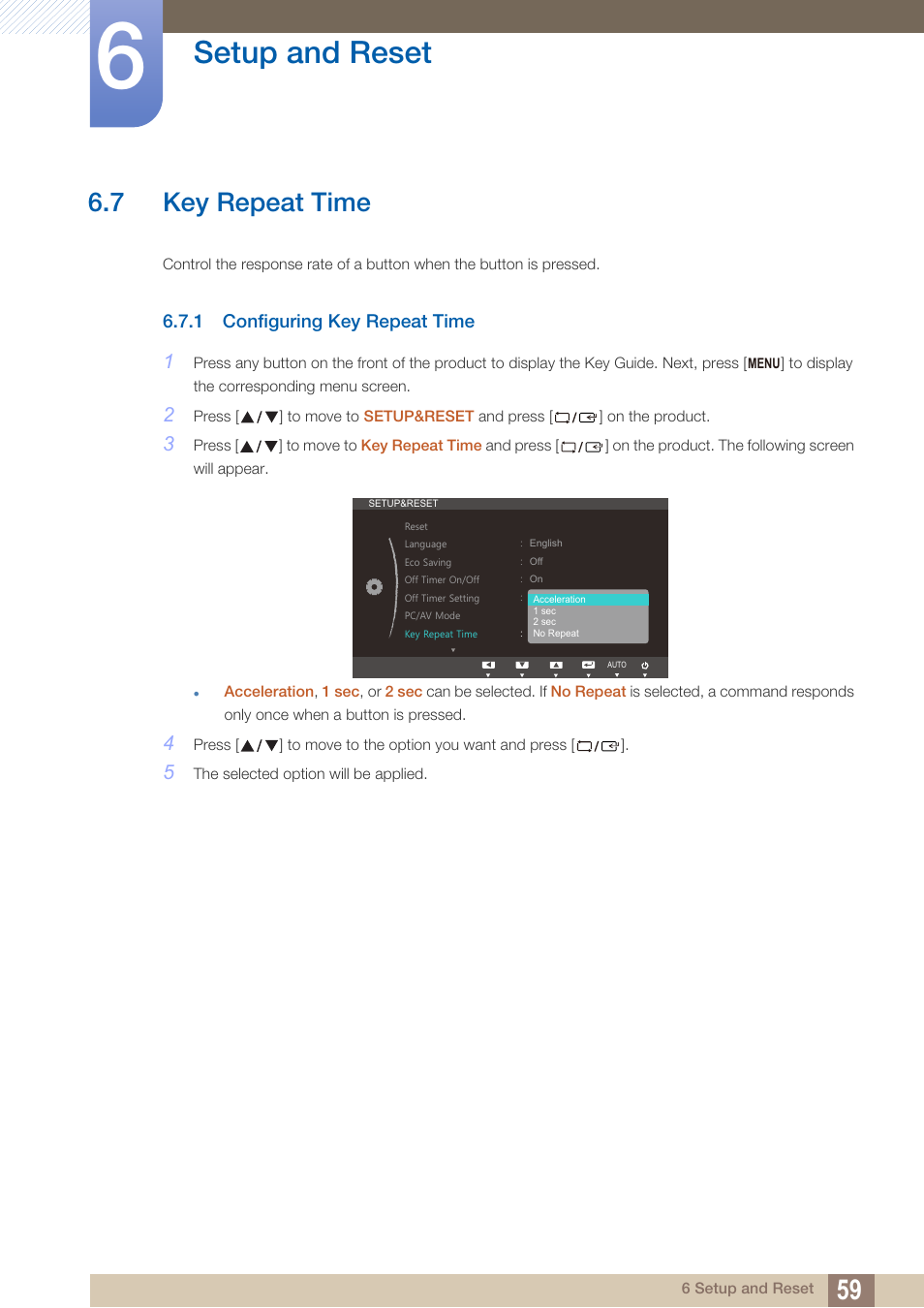 7 key repeat time, 1 configuring key repeat time, Key repeat time | Configuring key repeat time, Setup and reset | Samsung LS22B420BWV-ZA User Manual | Page 59 / 100