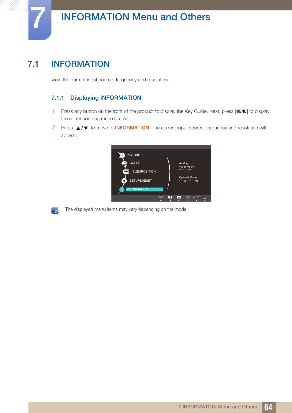 Information menu and others, 1 information, 1 displaying information | Information menu and, Others, Information, Displaying information | Samsung LS22B420BWV-ZA User Manual | Page 64 / 100
