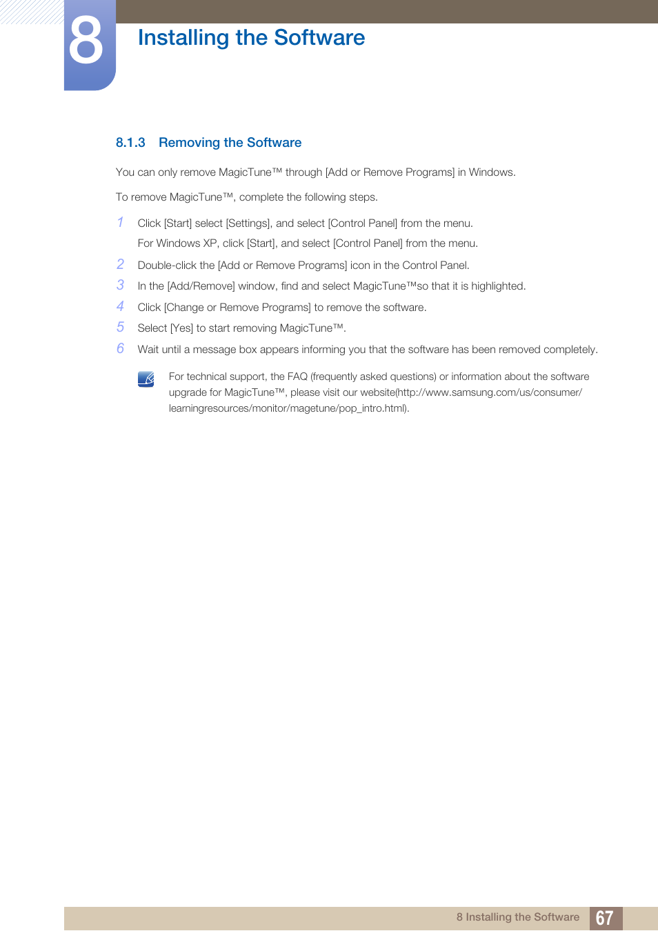 3 removing the software, Removing the software, Installing the software | Samsung LS22B420BWV-ZA User Manual | Page 67 / 100