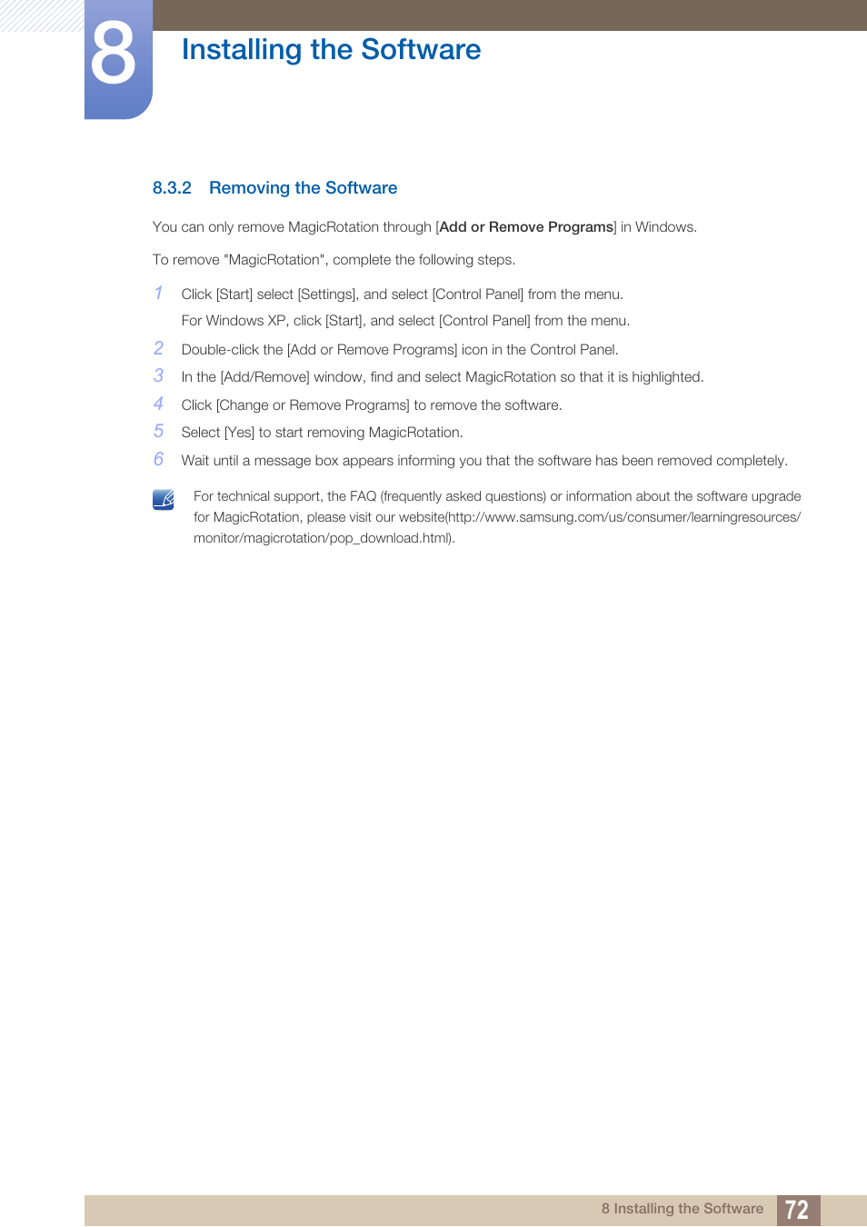 2 removing the software, Removing the software, Installing the software | Samsung LS22B420BWV-ZA User Manual | Page 72 / 100