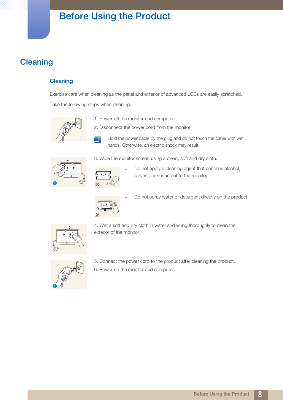 Cleaning, Before using the product | Samsung LS22B420BWV-ZA User Manual | Page 8 / 100