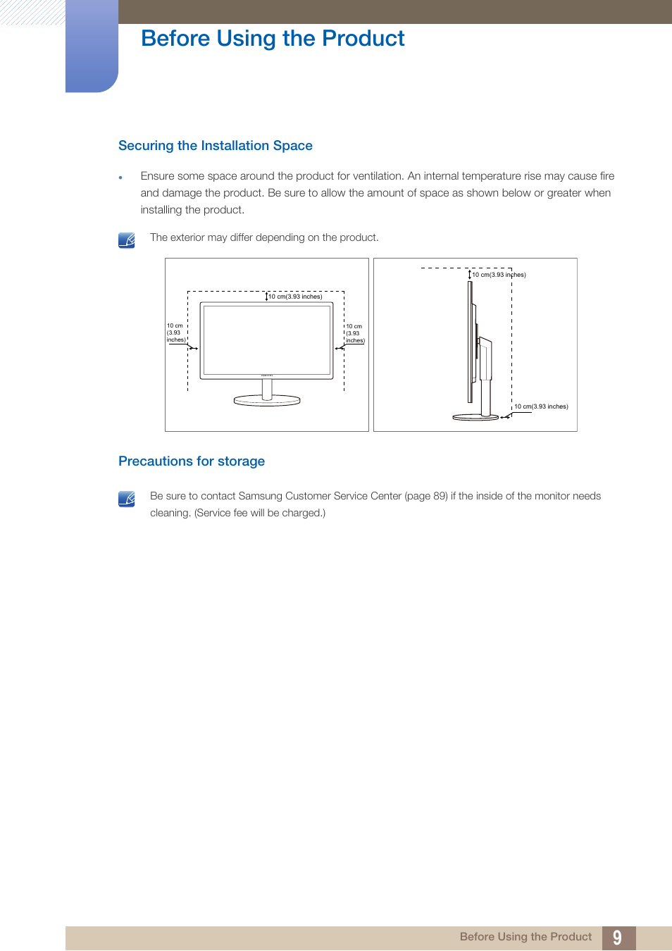 Securing the installation space, Precautions for storage, Before using the product | Samsung LS22B420BWV-ZA User Manual | Page 9 / 100