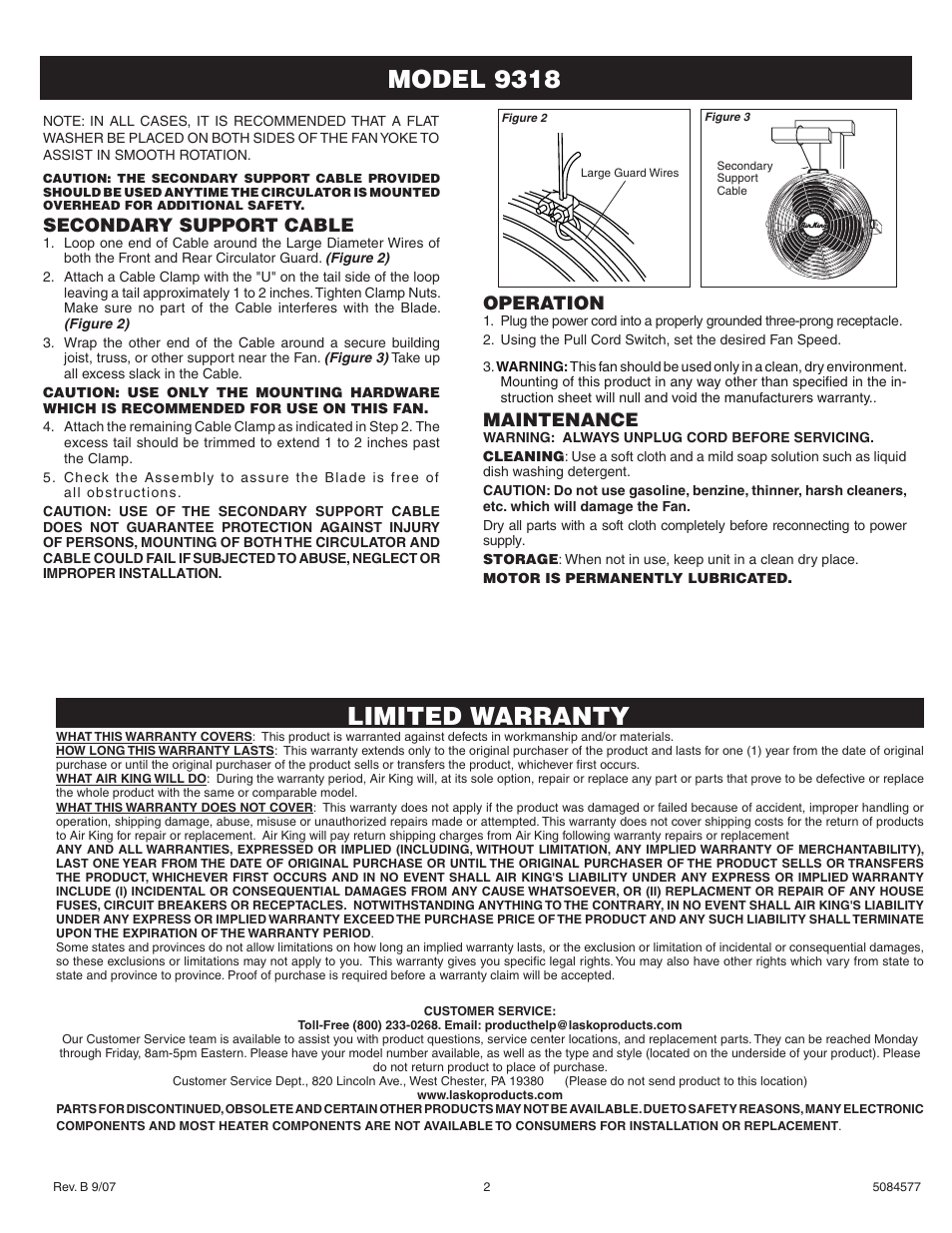 Model 9318, Limited warranty, Secondary support cable | Operation, Maintenance | Air King 9318 User Manual | Page 2 / 4