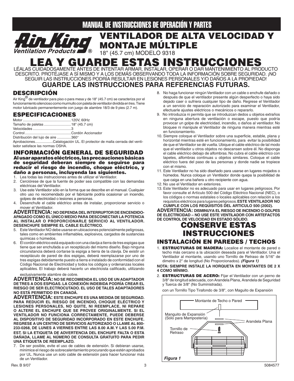 Lea y guarde estas instrucciones, Ventilador de alta velocidad y montaje múltiple, Manual de instrucciones de operación y partes | Conserve estas instrucciones, Guarde las instrucciones para referencias futuras, Instalación en paredes / techos, Descripción, Especificaciones, Información general de seguridad | Air King 9318 User Manual | Page 3 / 4