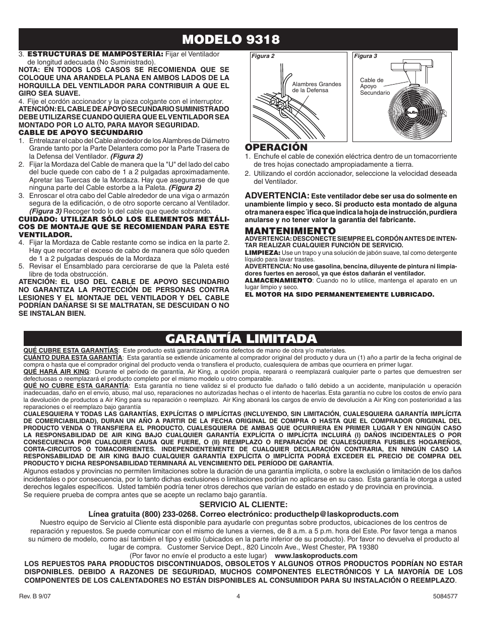 Modelo 9318, Garantía limitada, Operación | Mantenimiento, Advertencia | Air King 9318 User Manual | Page 4 / 4