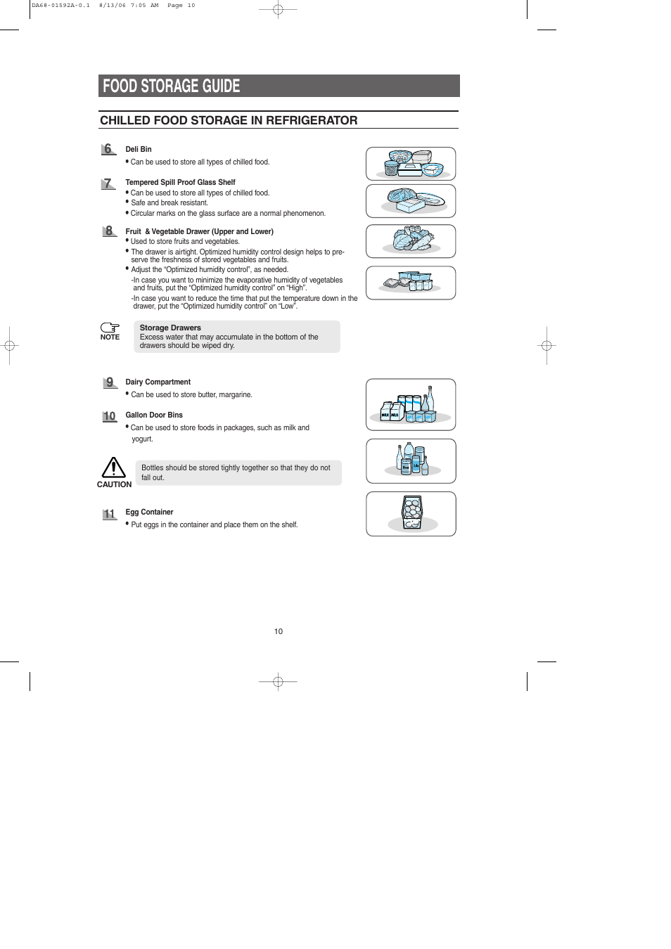 Food storage guide, Chilled food storage in refrigerator | Samsung RS2630AWW-XAA User Manual | Page 10 / 32