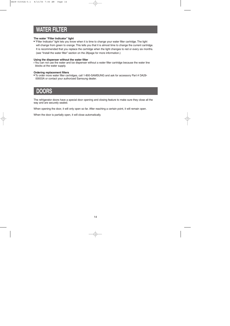 Water filter, Doors | Samsung RS2630AWW-XAA User Manual | Page 14 / 32