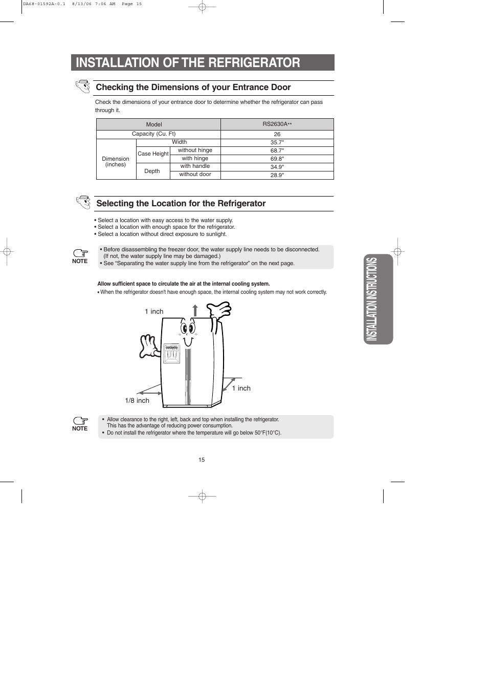 Installation of the refrigerator, Inst alla tion instr uctions | Samsung RS2630AWW-XAA User Manual | Page 15 / 32