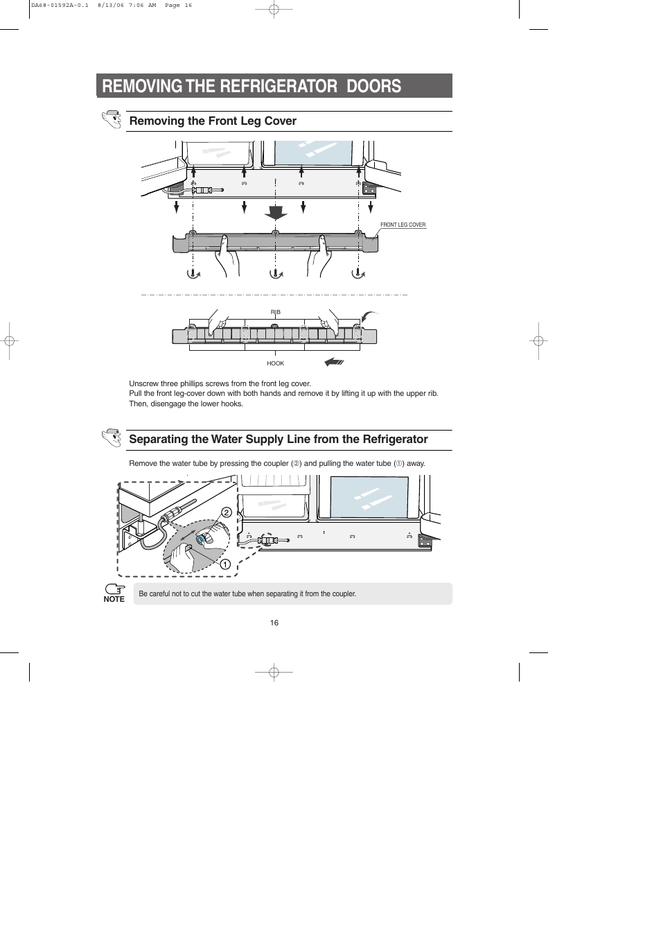 Removing the refrigerator doors | Samsung RS2630AWW-XAA User Manual | Page 16 / 32