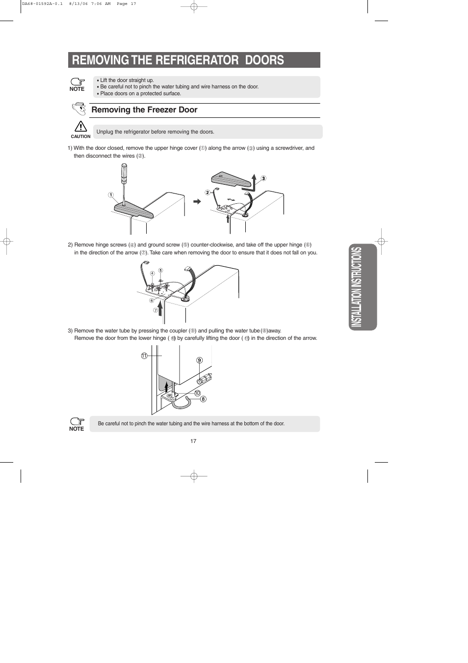 Inst alla tion instr uctions, Removing the refrigerator doors | Samsung RS2630AWW-XAA User Manual | Page 17 / 32