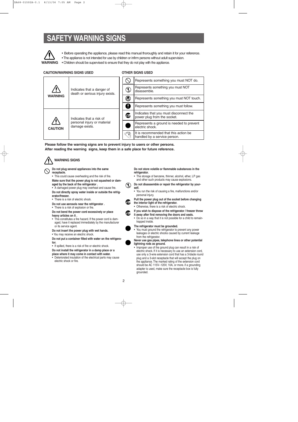 Safety warning signs | Samsung RS2630AWW-XAA User Manual | Page 2 / 32