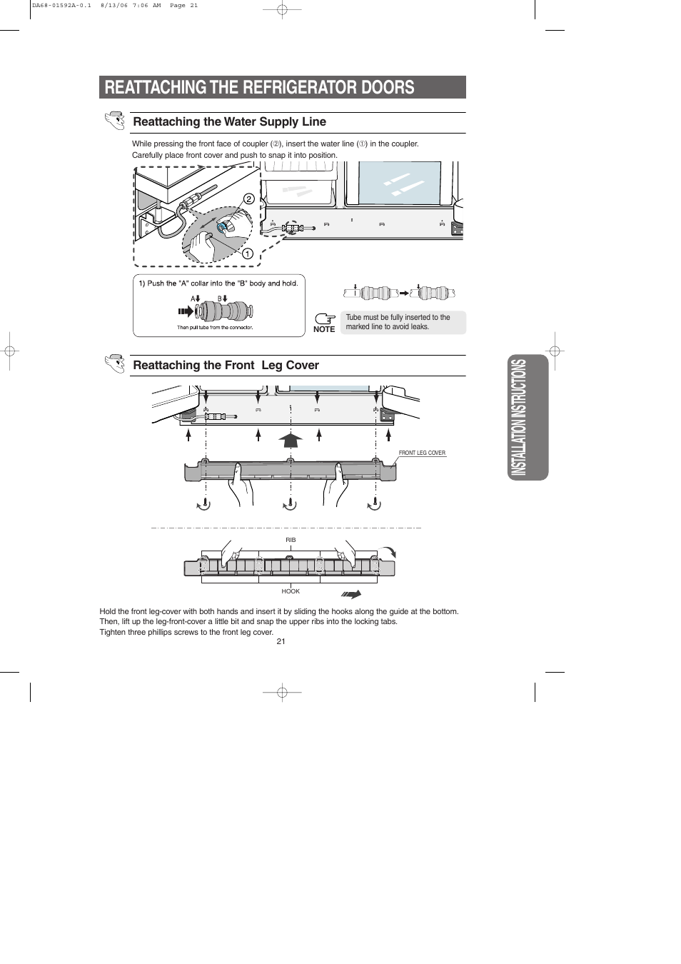 Inst alla tion instr uctions, Reattaching the refrigerator doors | Samsung RS2630AWW-XAA User Manual | Page 21 / 32