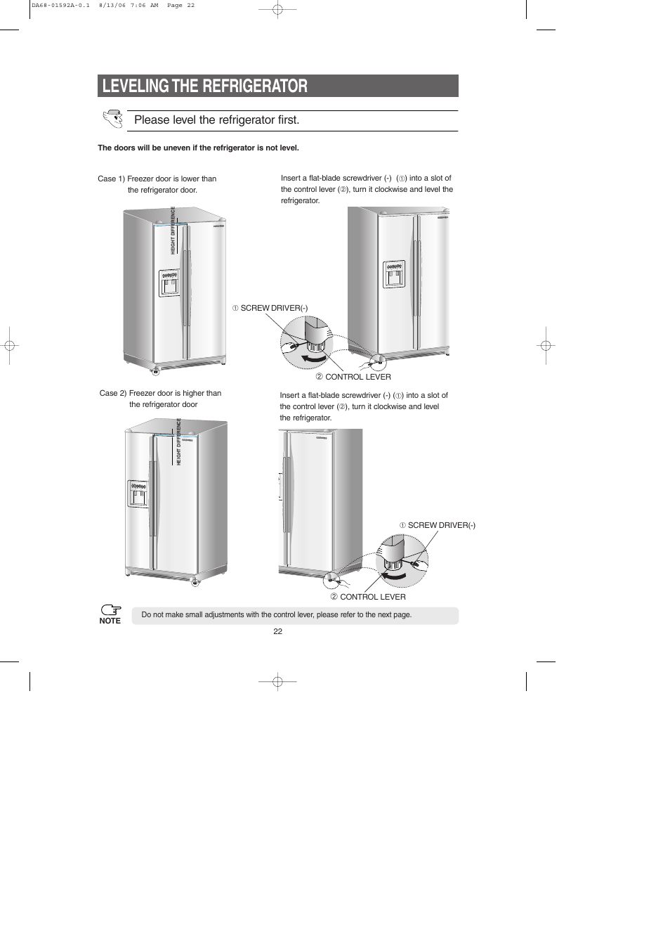 Leveling the refrigerator, Please level the refrigerator first | Samsung RS2630AWW-XAA User Manual | Page 22 / 32