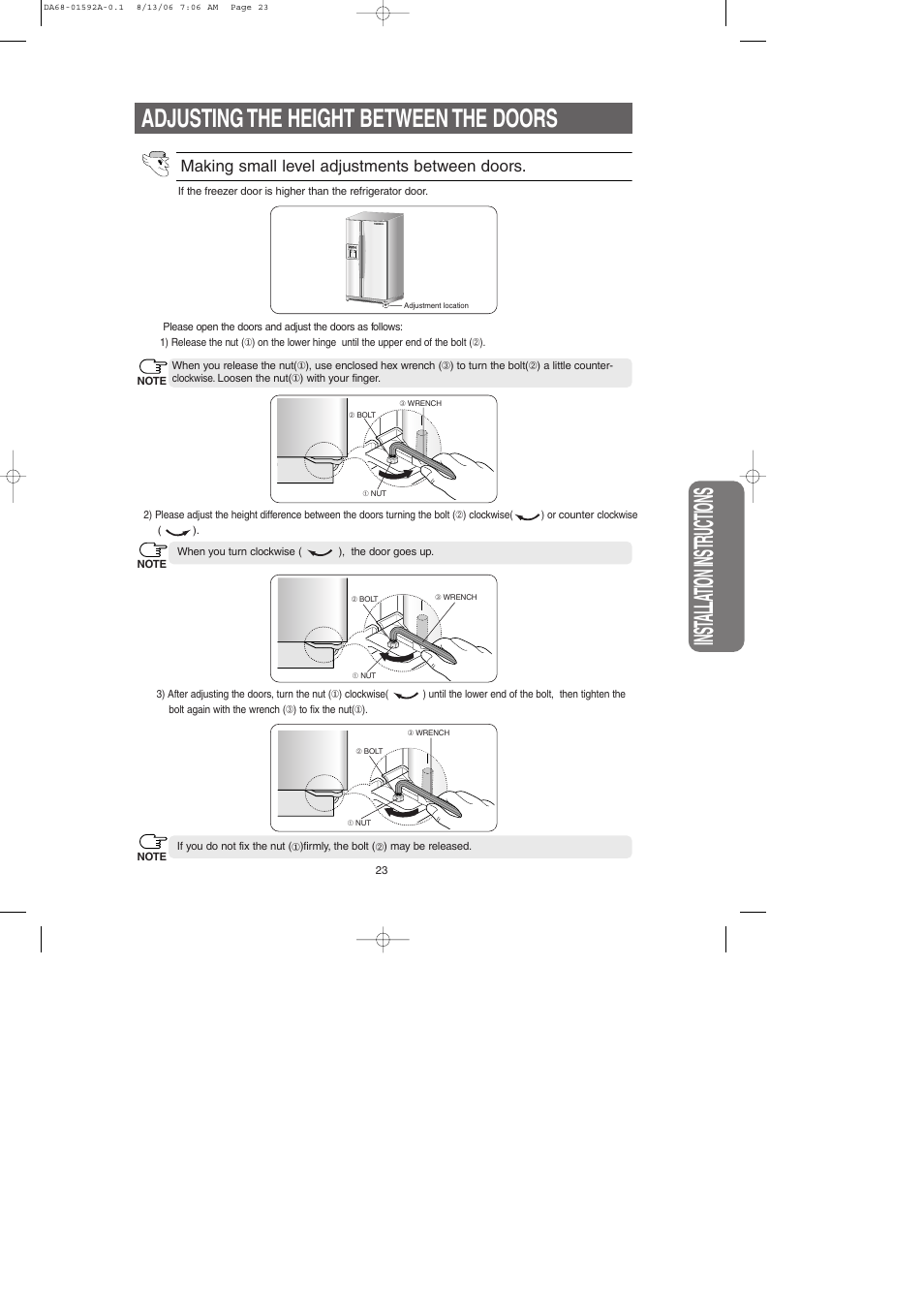 Adjusting the height between the doors, Inst alla tion instr uctions, Making small level adjustments between doors | Samsung RS2630AWW-XAA User Manual | Page 23 / 32