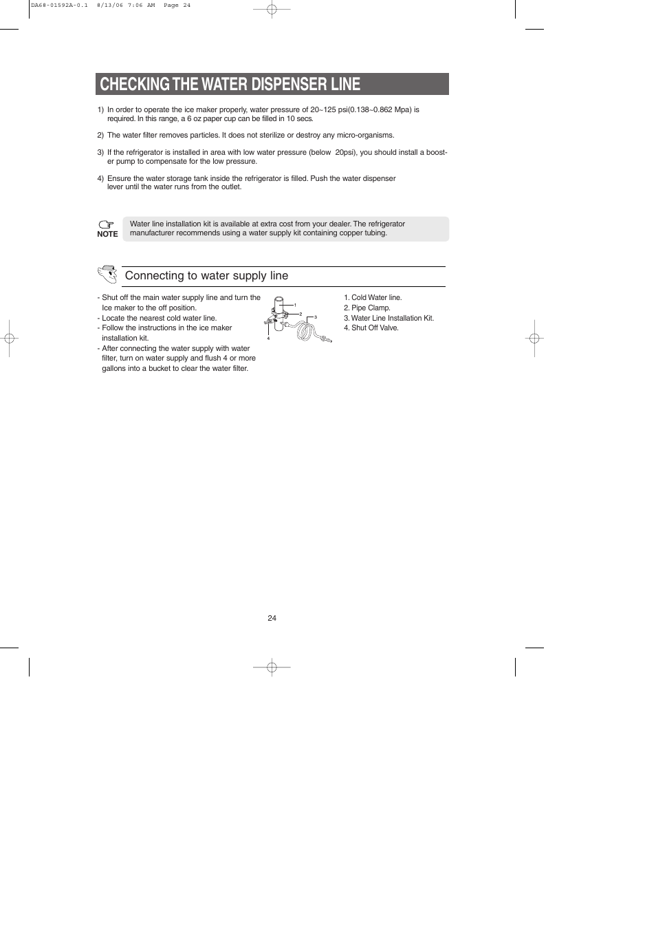 Checking the water dispenser line, Connecting to water supply line | Samsung RS2630AWW-XAA User Manual | Page 24 / 32