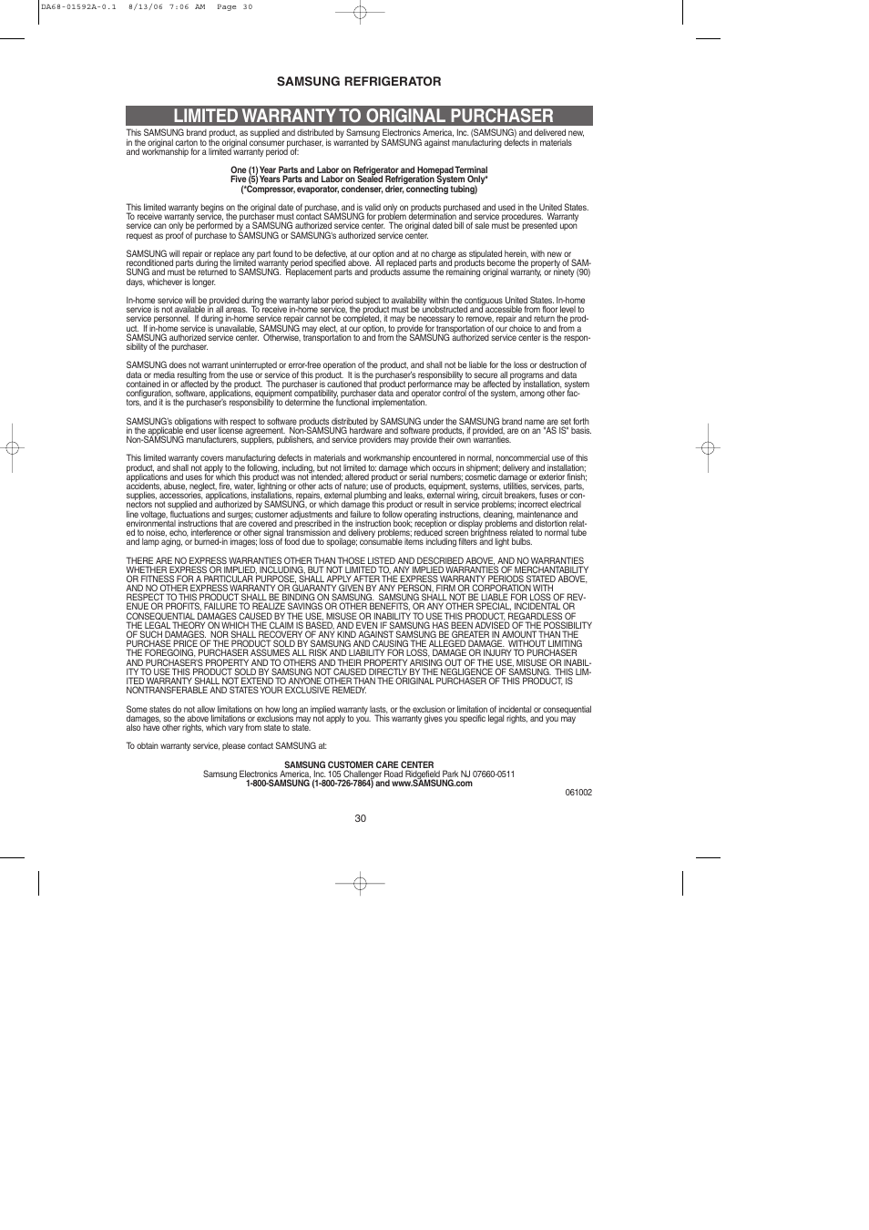Limited warranty to original purchaser | Samsung RS2630AWW-XAA User Manual | Page 30 / 32