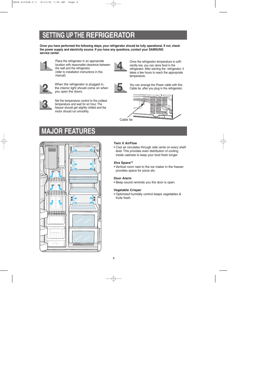 Setting up the refrigerator, Major features, Setting up the refrigerator major features | Samsung RS2630AWW-XAA User Manual | Page 4 / 32