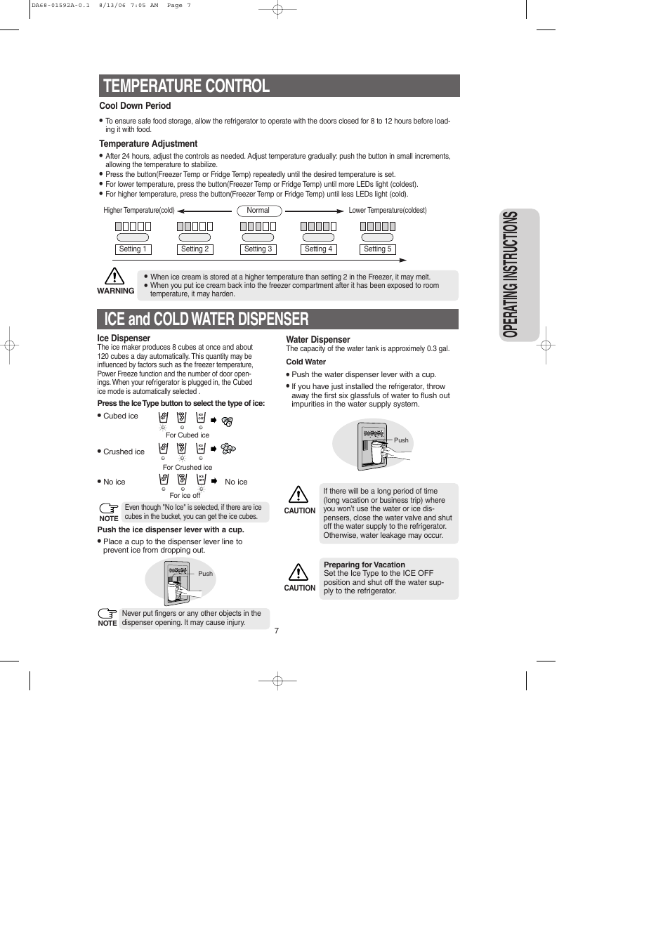 Temperature control, Opera ting instr uctions, Ice and cold water dispenser | Samsung RS2630AWW-XAA User Manual | Page 7 / 32