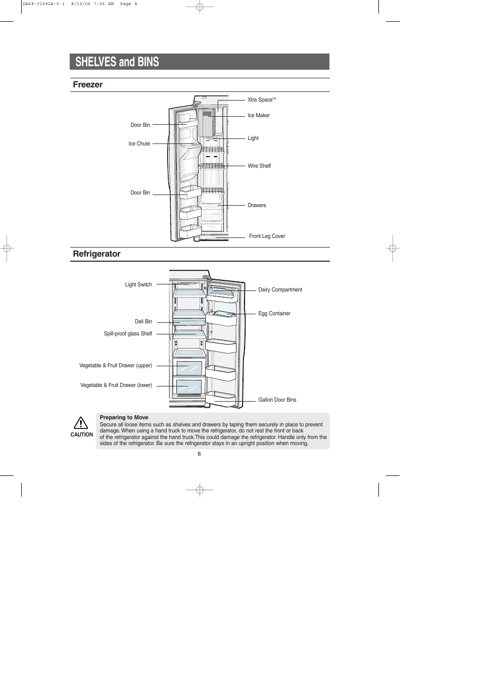 Shelves and bins, Freezer refrigerator | Samsung RS2630AWW-XAA User Manual | Page 8 / 32