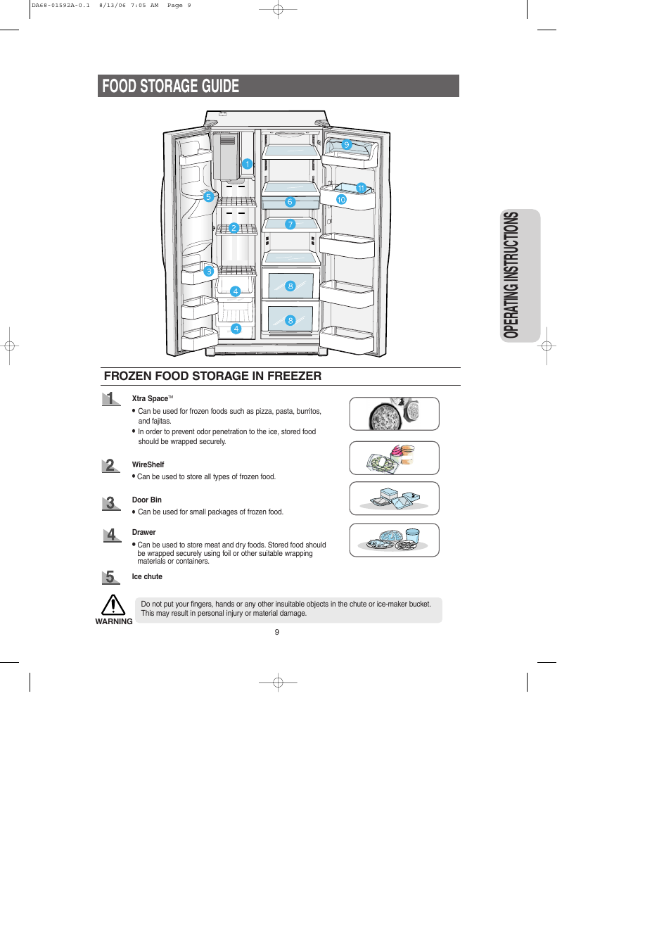 Food storage guide, Opera ting instr uctions | Samsung RS2630AWW-XAA User Manual | Page 9 / 32